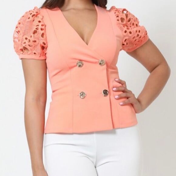Coral knit sleeves top Shirt Blouse - Picture 1 of 13